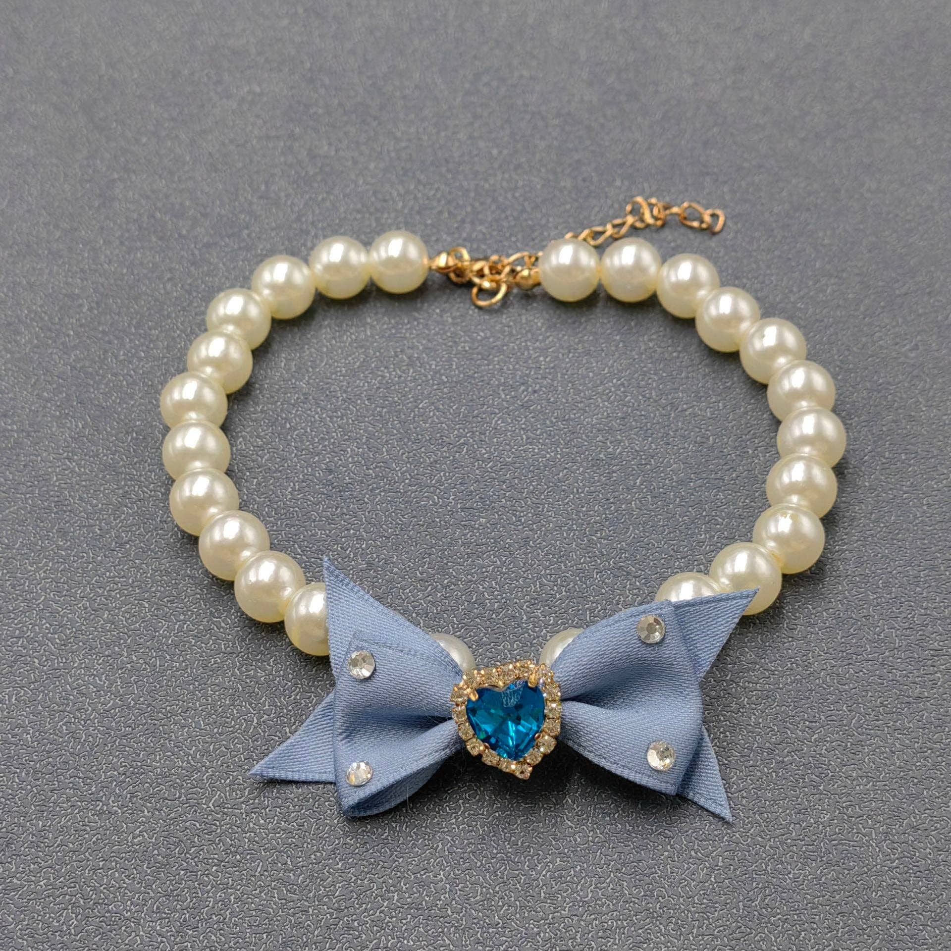 Rhinestone Heart Bow Charm Pearl Beaded Cat Dog Pet Collar