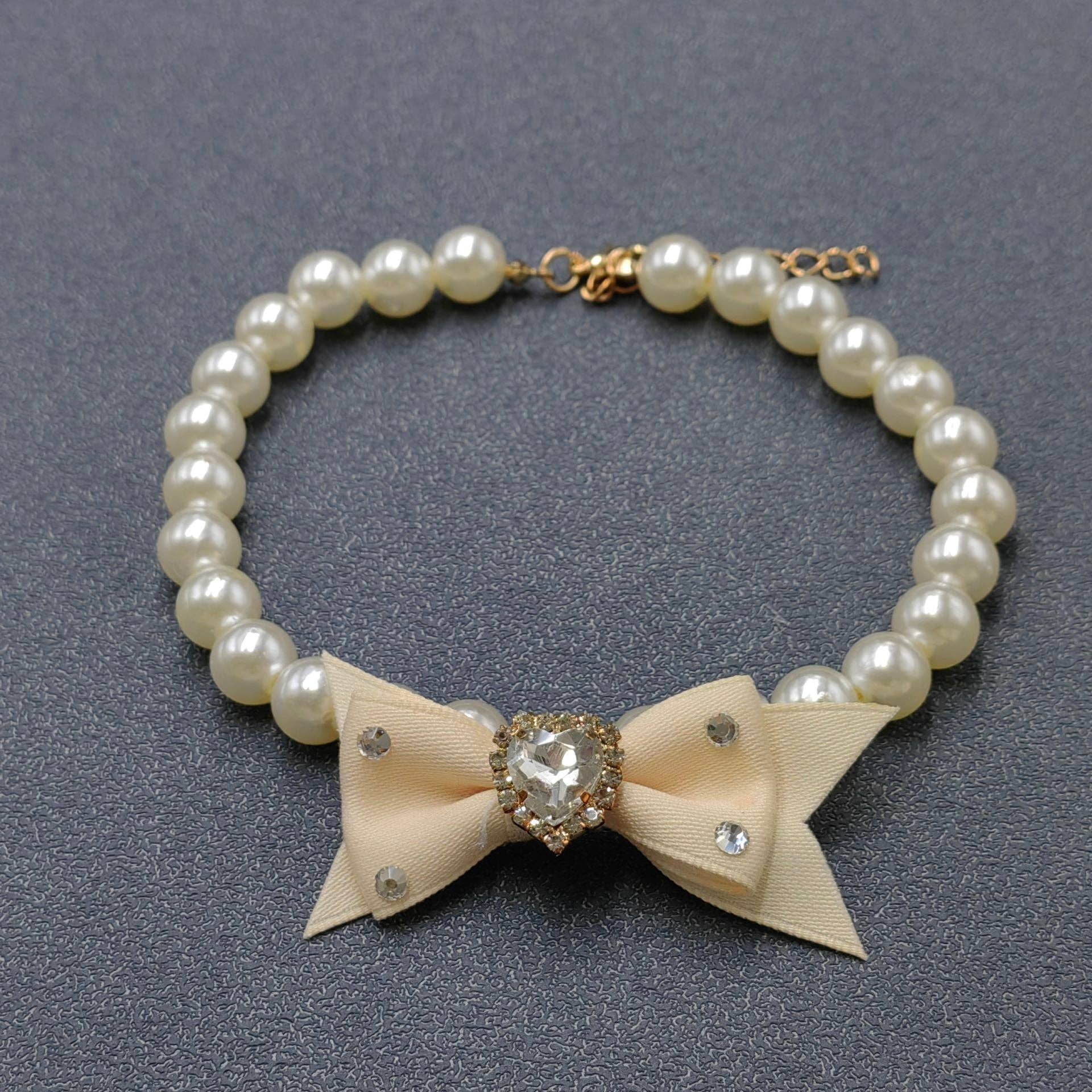 Rhinestone Heart Bow Charm Pearl Beaded Cat Dog Pet Collar