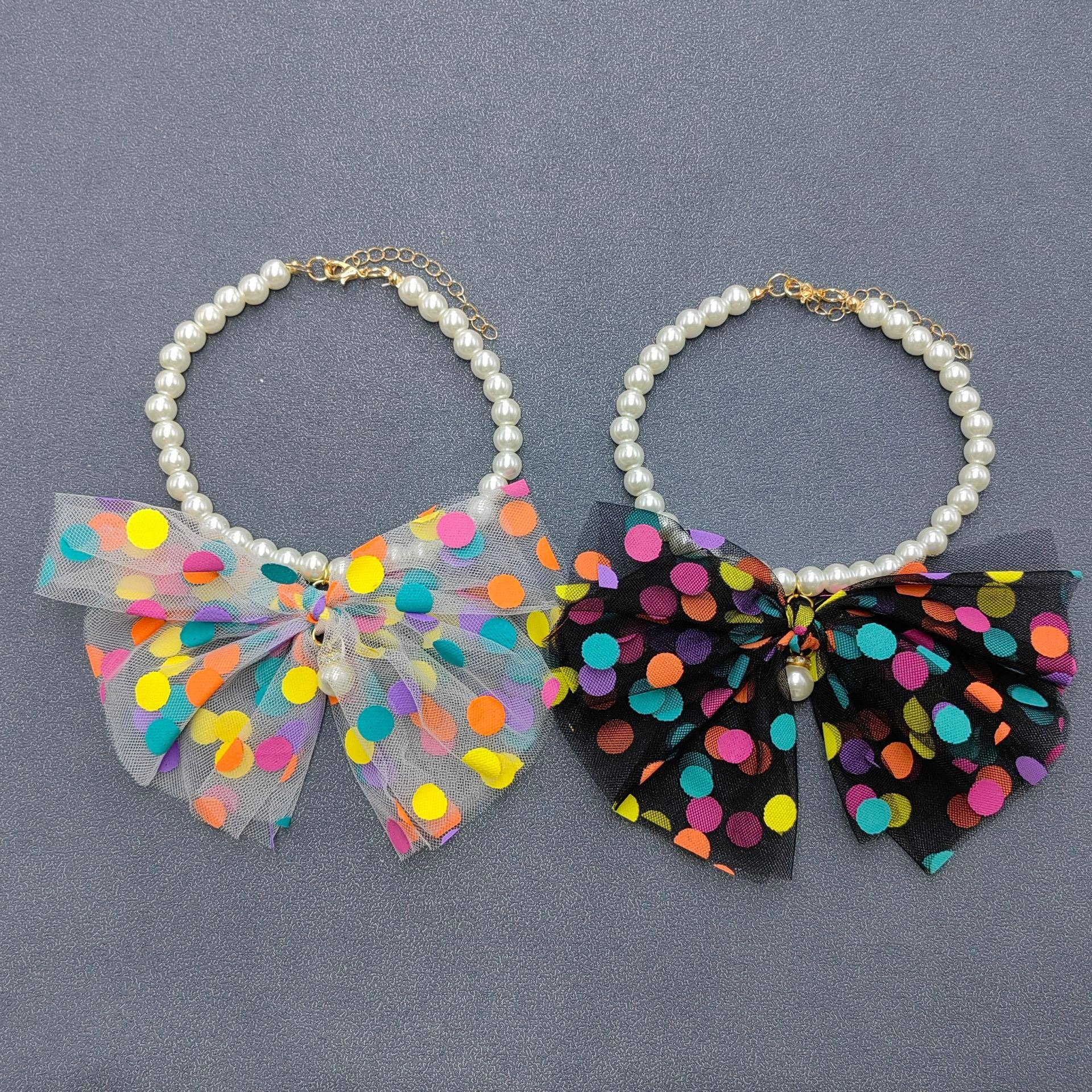 Polo Dot Lace Bow Pearl Beaded Cat Dog Collar Pet Jewelry