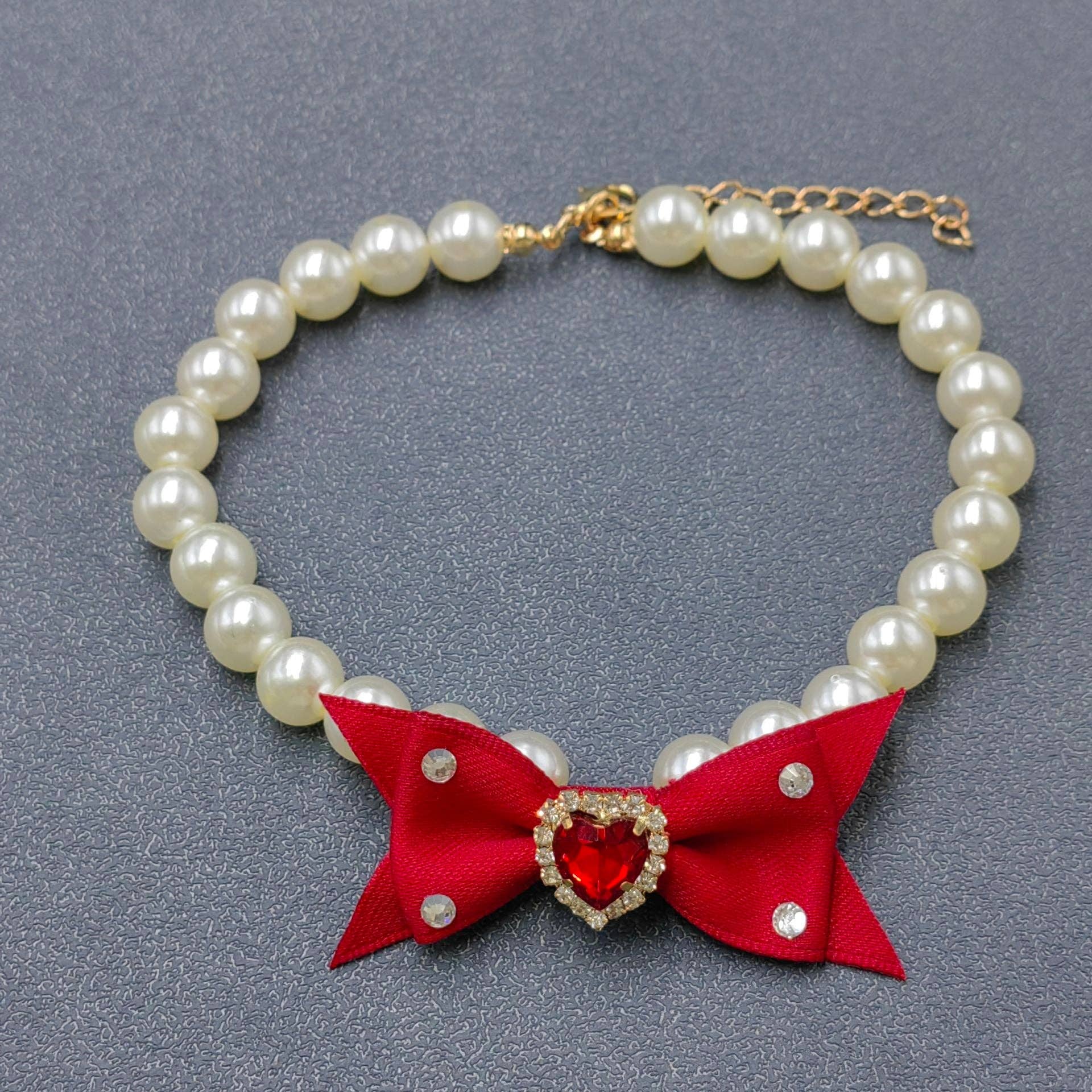 Rhinestone Heart Bow Charm Pearl Beaded Cat Dog Pet Collar
