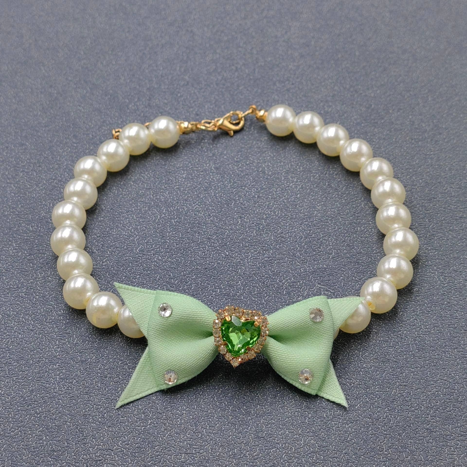 Rhinestone Heart Bow Charm Pearl Beaded Cat Dog Pet Collar