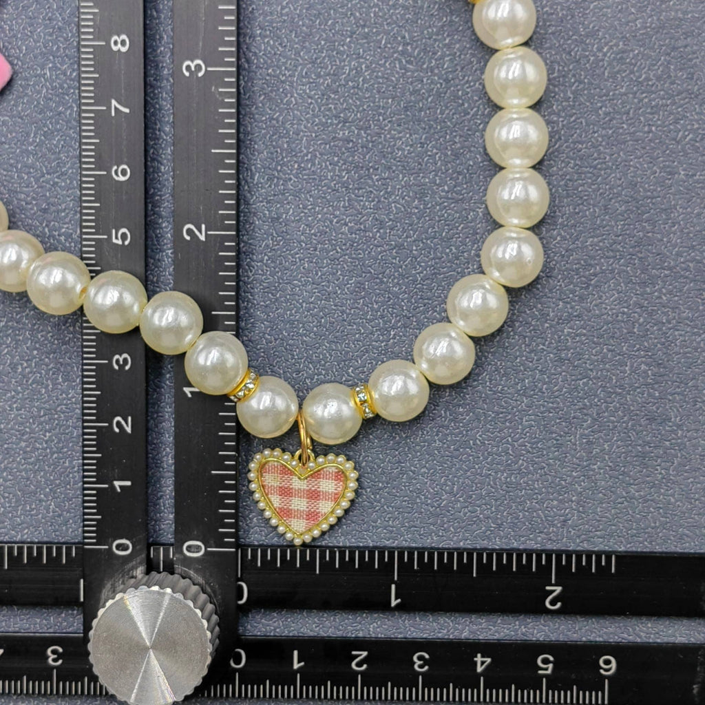 Plaid Heart Charm Pearl Beaded Bow Pet Collar