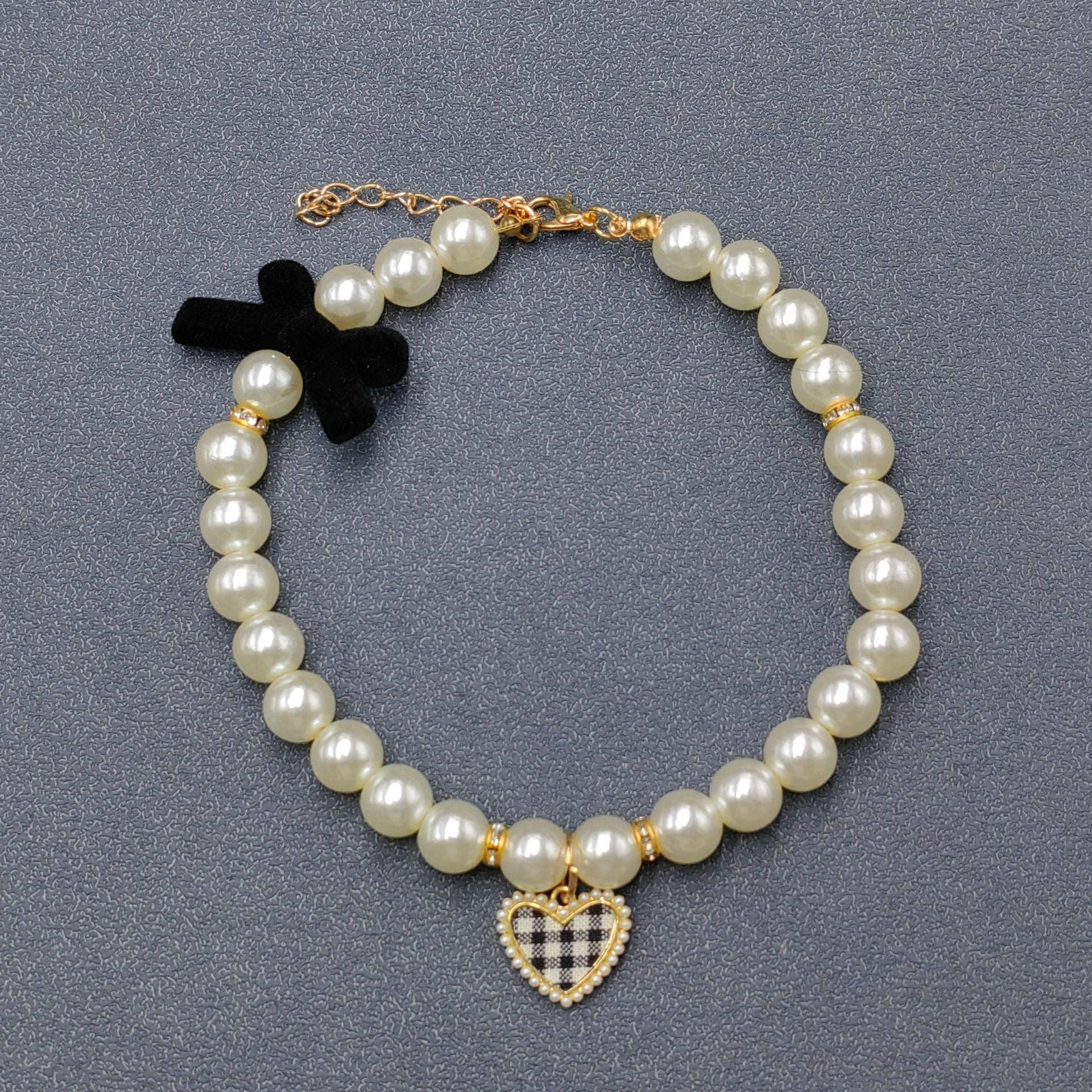 Plaid Heart Charm Pearl Beaded Bow Pet Collar