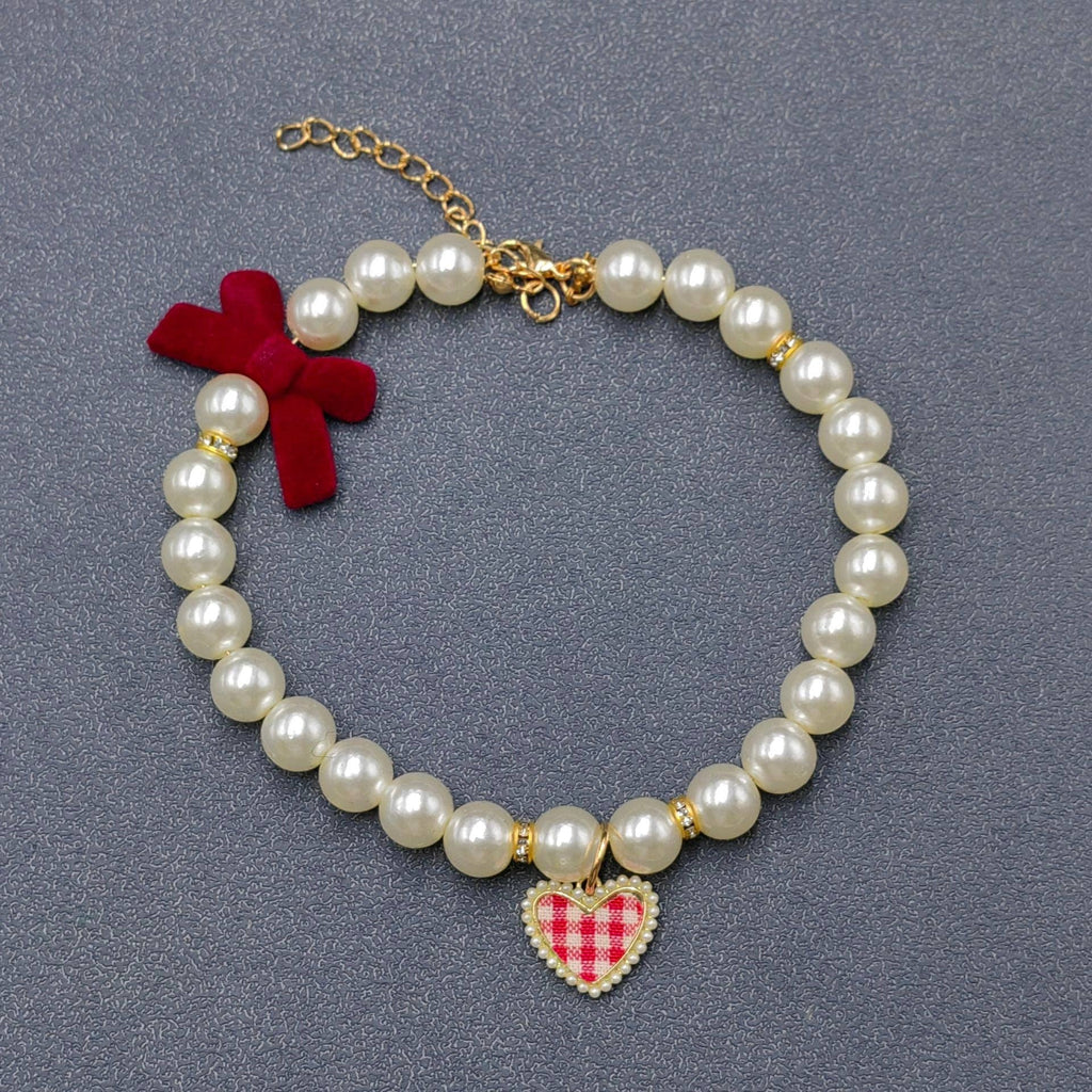 Plaid Heart Charm Pearl Beaded Bow Pet Collar