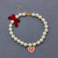 Plaid Heart Charm Pearl Beaded Bow Pet Collar