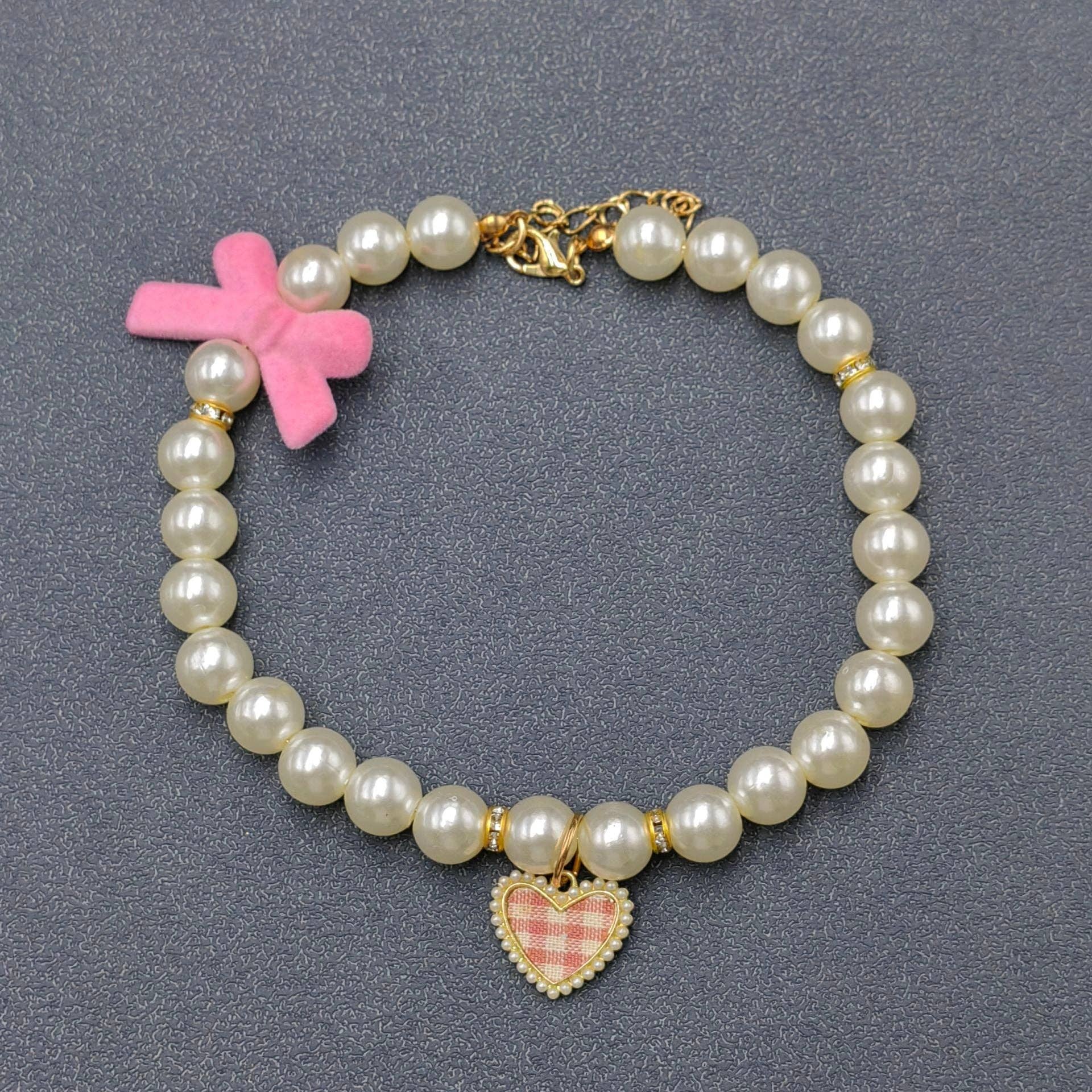 Plaid Heart Charm Pearl Beaded Bow Pet Collar