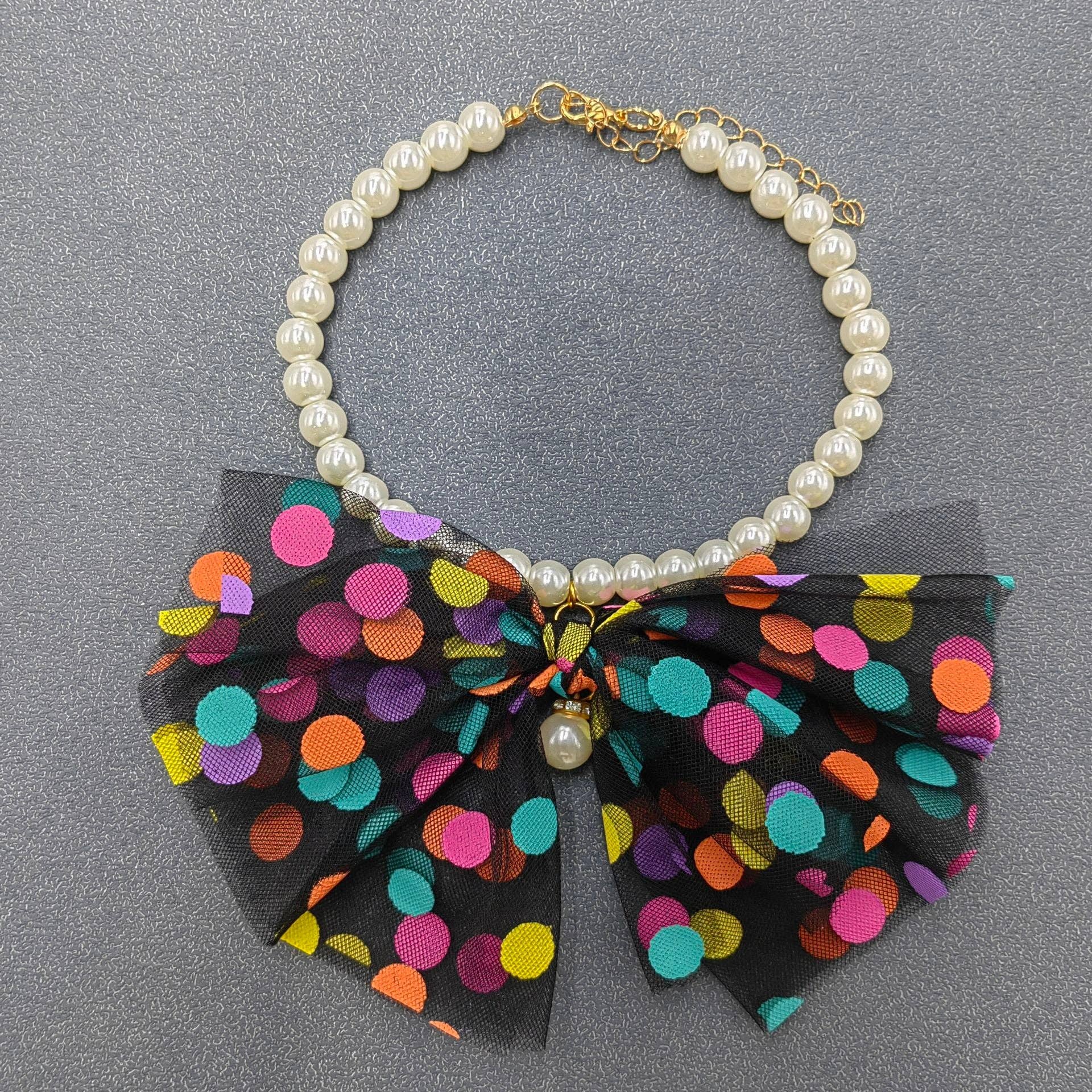 Polo Dot Lace Bow Pearl Beaded Cat Dog Collar Pet Jewelry