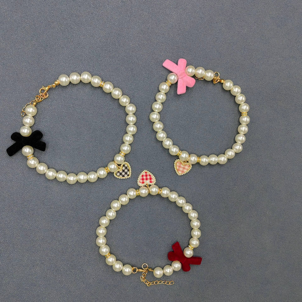 Plaid Heart Charm Pearl Beaded Bow Pet Collar