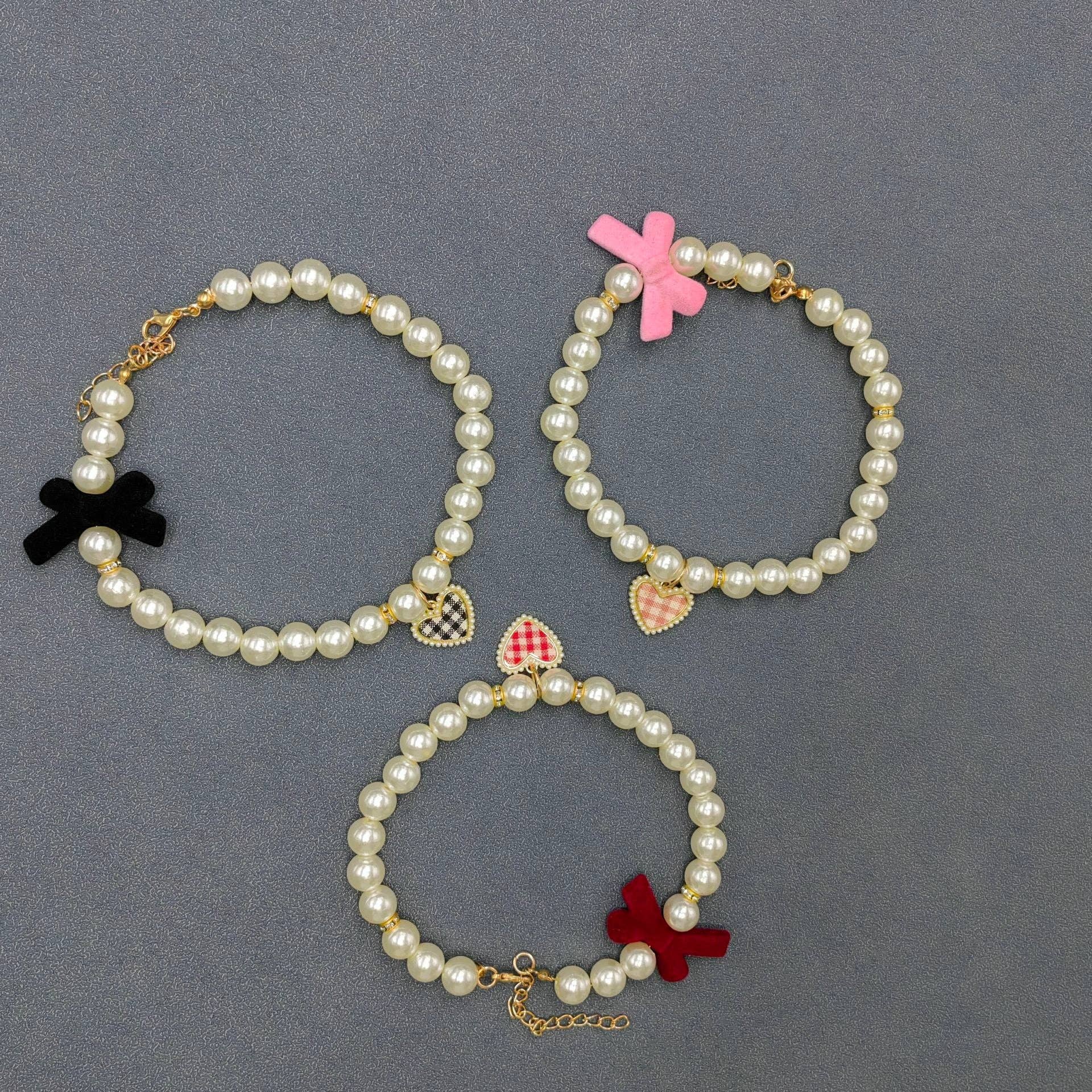 Plaid Heart Charm Pearl Beaded Bow Pet Collar