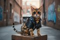 bengal cat in a leather jacket with glasses