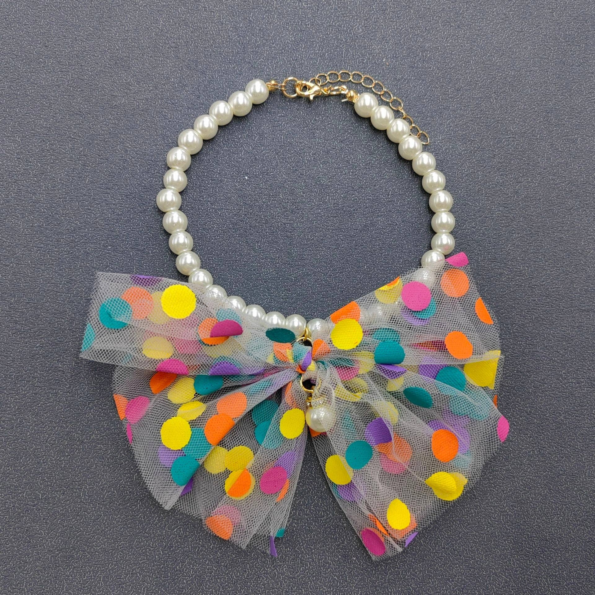 Polo Dot Lace Bow Pearl Beaded Cat Dog Collar Pet Jewelry