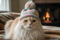 persian cat with a cute knit hat